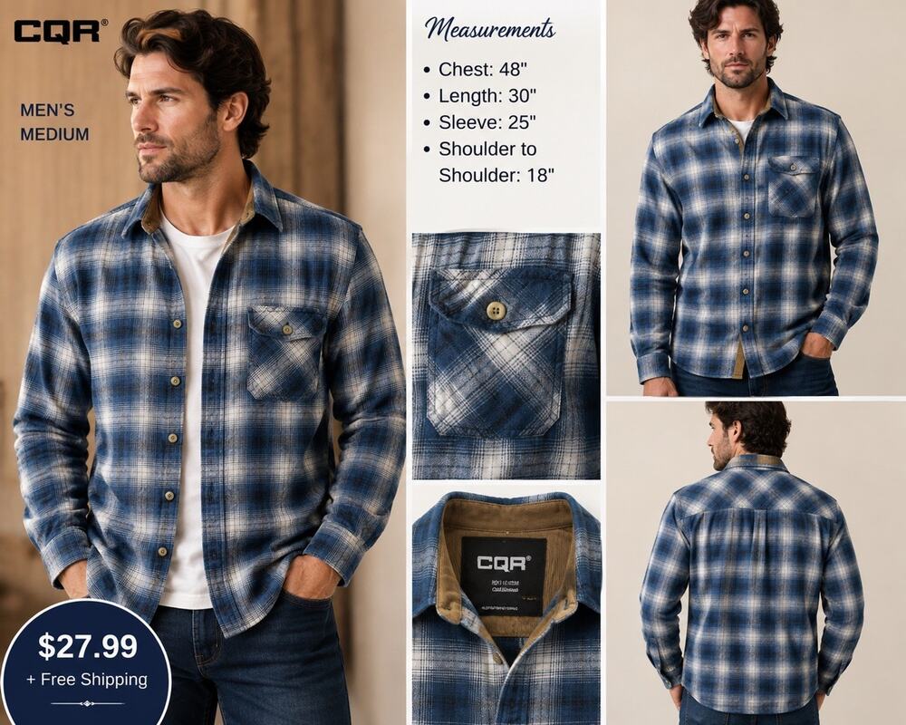 CQR Men's Cotton Flannel Plaid Button Up Shirt Blue/White Long Sleeve Pockets M